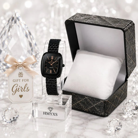 Luxury Black Watch with Gift Box | Crystal Style Bracelet Watch for Girls