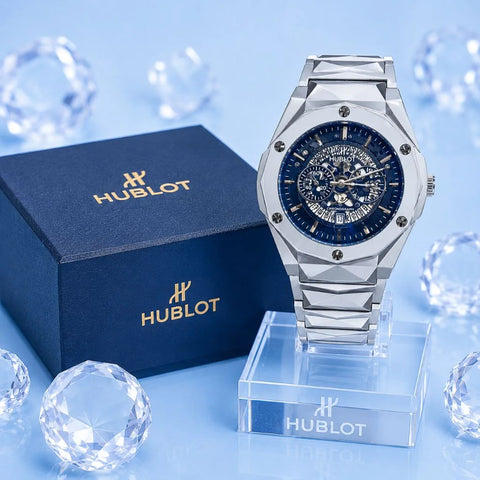 HB Premium Skeleton Watch | Luxury Silver Matte Chain Chronograph for Men