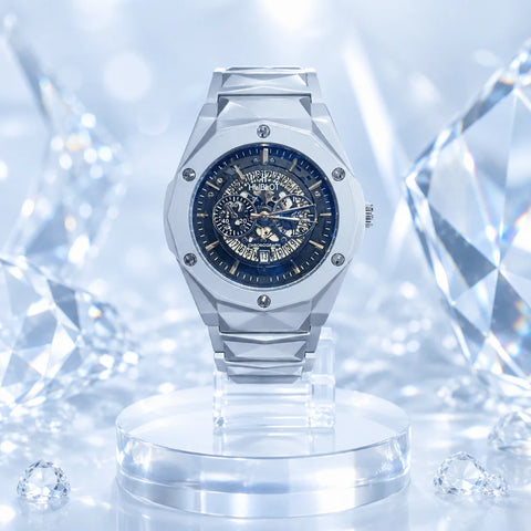 HB Premium Skeleton Watch | Luxury Silver Matte Chain Chronograph for Men