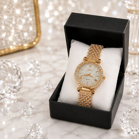 Crystal Gold Women's Watch | Luxury Bracelet Watch